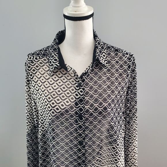 Style & Co. Women's Sheer Black & White Button Down Top L - Picture 3 of 7